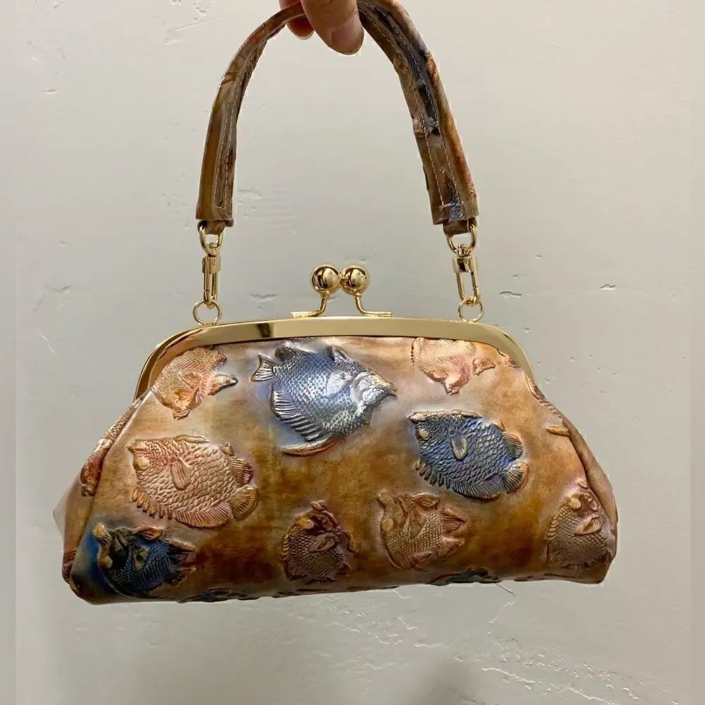 Handmade Genuine Cowhide Fish Embossed Wristlet/Crossbody & 2 Style Straps